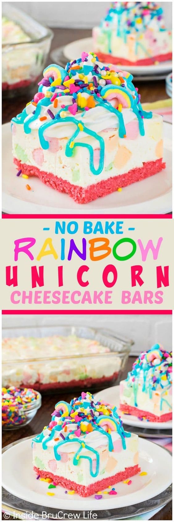 Unicorn desserts for a unicorn party: No Bake Rainbow Unicorn Cheesecake Bars