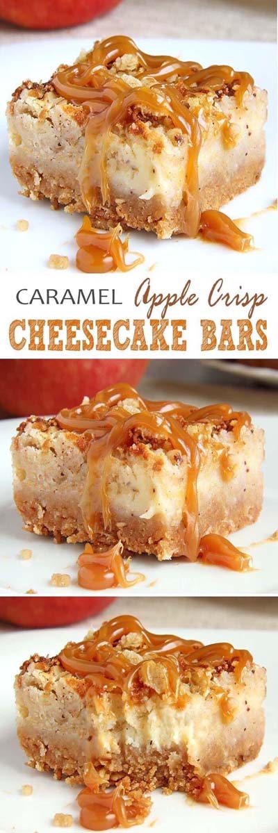 Easy caramel dessert recipes: Caramel Apple Crisp Cheesecake Bars