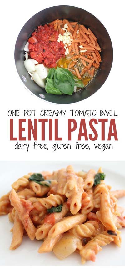 Vegan Pasta Recipes: One Pot Creamy Tomato Basil Lentil Pasta