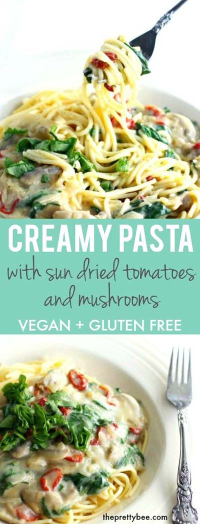 Vegan Pasta Recipes: Pasta with Creamy Sun Dried Tomato and Mushroom Sauce