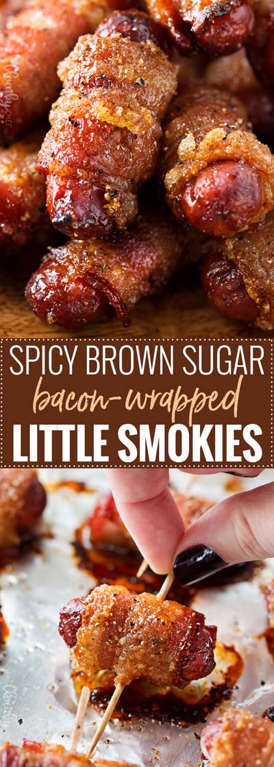 Party finger foods and party appetizers: Spicy Brown Sugar Bacon-wrapped Little Smokies