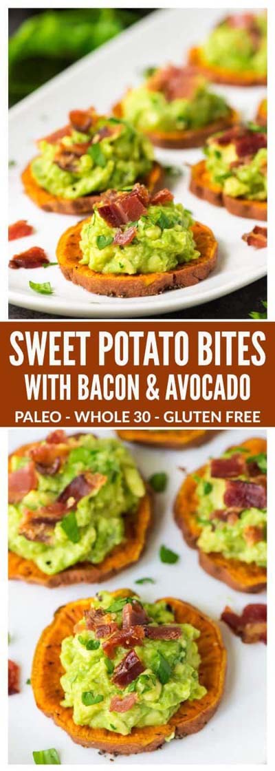 Party finger foods and party appetizers: Sweet Potato Bites with Avocado and Bacon