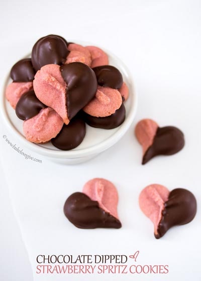 Valentines Day Treats: Chocolate Dipped Strawberry Spritz Cookies