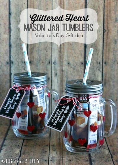 Valentines Day Mason Jar Gifts: Glittered Heart Mason Jar Tumblers