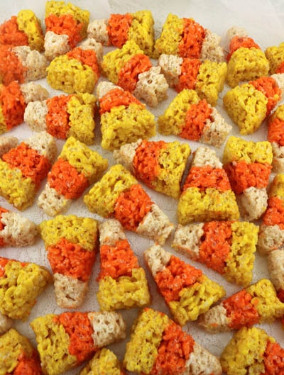 Fun Halloween Snack Ideas and Halloween Treats: Candy Corn Mini Rice Krispie Treats